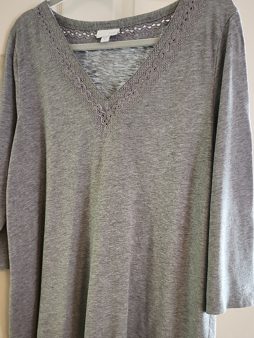 Gray V-Neck Knit Top with Lace Trim